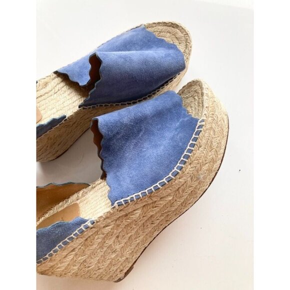 CHLOE Lauren Blue Scalloped Suede Leather Platform Espadrilles Wedges, Size 41 - Picture 6 of 14